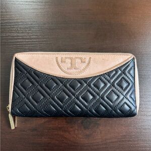 Tory Burch Black and Tan Diamond Quilted Wallet